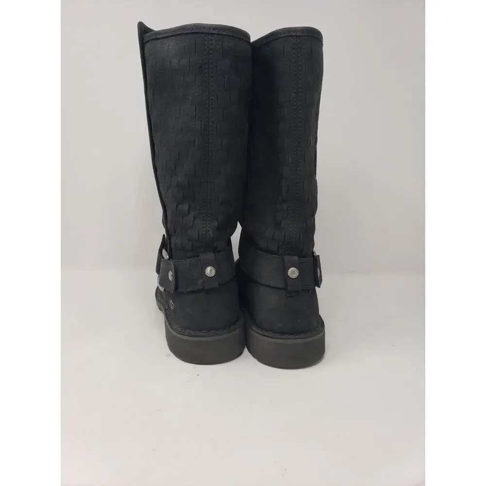 UGG Black Suede Lug Sole Buckle Moto Biker Harness Boot 7.5 Basket Weave 1016923
